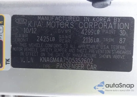 2013 Kia Optima Lx из США, поврежденный, VIN KNAGM4A75D5352602